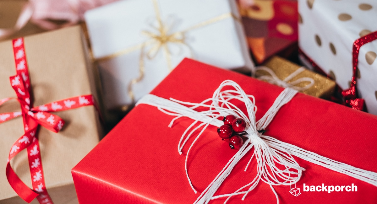 Close-up of a pile of wrapped holiday presents.