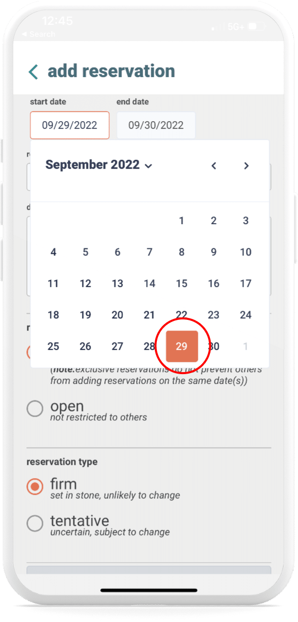 The backporch app calendar displaying a reservation start date on a smartphone screen.