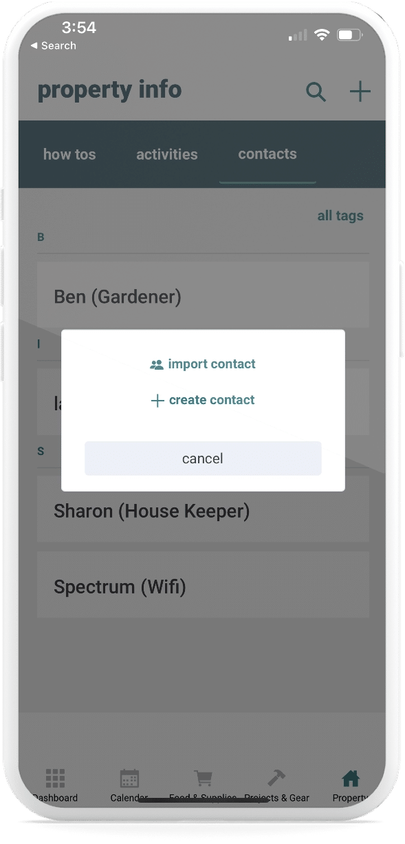 The backporch app property info import or create a new contact feature displaying on a smartphone screen.