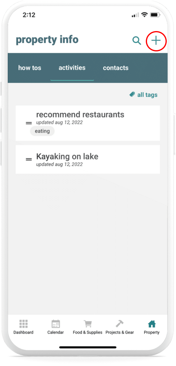 The backporch app property info add a new activity feature displaying on a smartphone screen.