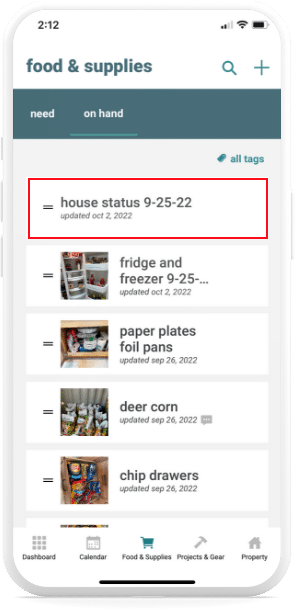 The backporch app food & supplies items on hand feature displaying on a smartphone screen.