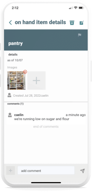 The backporch app food & supplies items on hand details feature displaying on a smartphone screen.